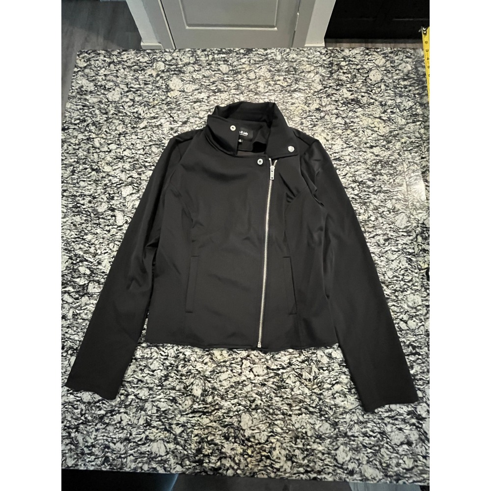 Ookie & Lala Black Asymmetrical Zip‎ Moto Jacket High Neck Stretch Size M